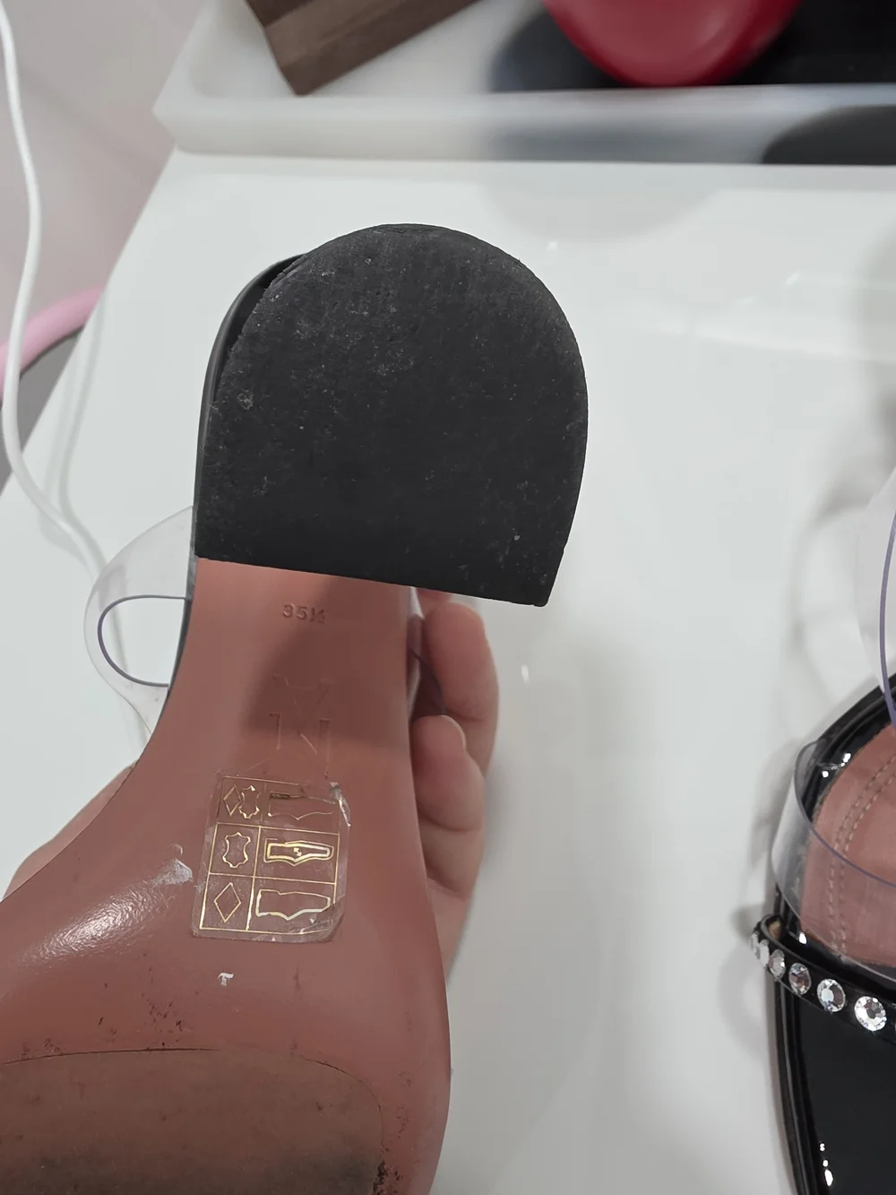 Amina Muaddi Black Patent Slide Heels with Clear Straps and Crystal Trim